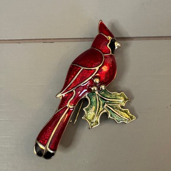 Vintage Gold Tone Red Enamel Cardinal Bird Green Leaf Brooch - Picture 1 of 3